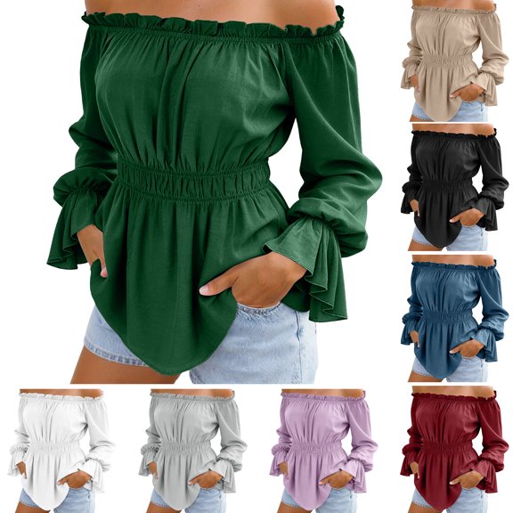 GEWSEY Womens Tops Off The Shoulder Blouses for Women Dressy Casual Cute Puff Sleeve T Shirts Fashion 2026 (White, XL)