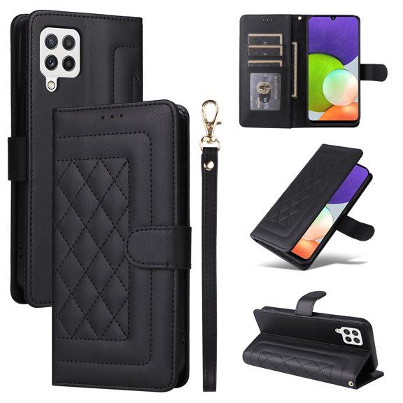 Compatible with Samsung Galaxy A22 4G Case, Premium Leather Wallet Book Case Magnetic Flip RFID Blocking Credit Card Holder Kickstand with Wrist Strap Shock Absorbing Case, Black