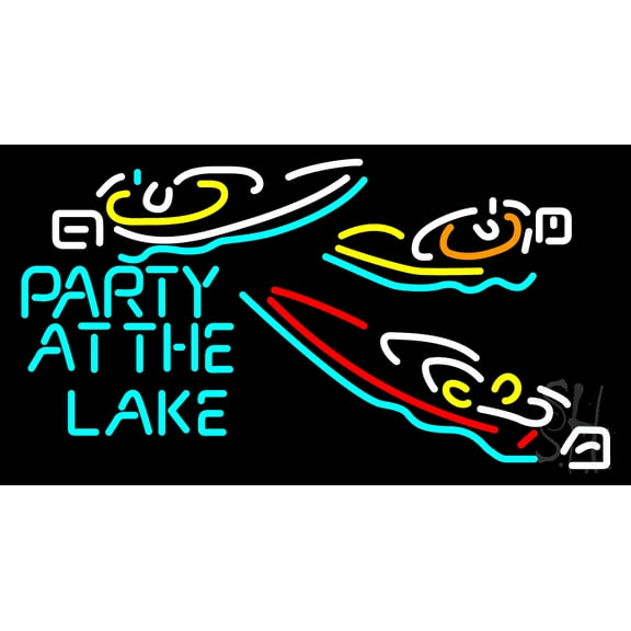 Beer Party At The Lake LED Neon Sign 13 x 24 - inches, Black Square Cut Acrylic Backing, with Dimmer - Bright and Premium built indoor LED Neon Sign for Event, Party.