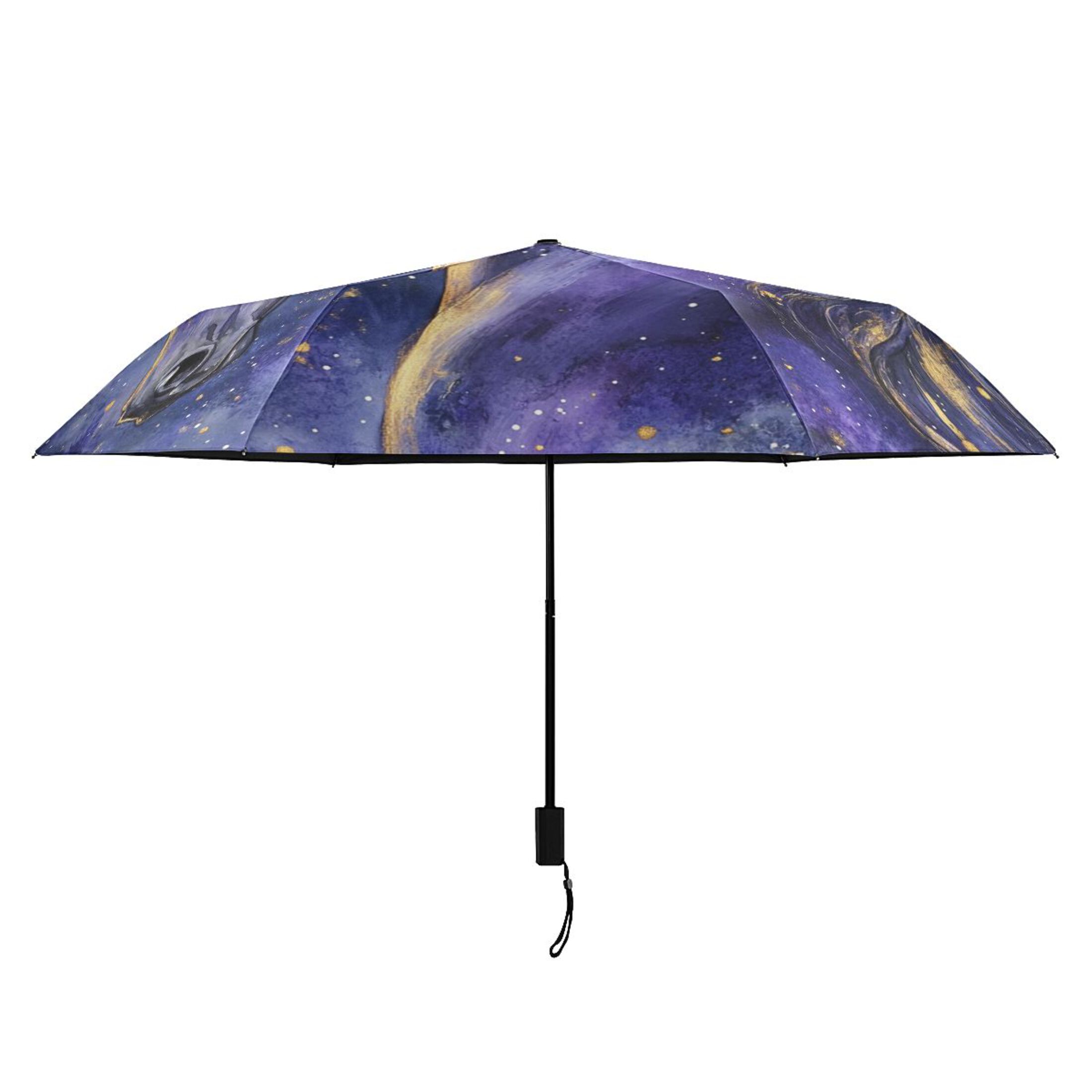 Elegant Purple Golden Horse All Weather Umbrella Triple Folding Parasol 6 Ribs UV Protection Portable