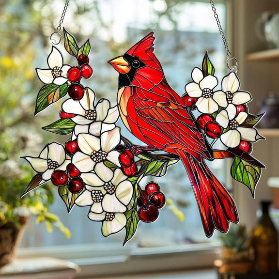 Red Cardinal Acrylic Suncatcher: Bird Window Hanging Decor