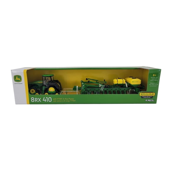 Toy John Deere 8RX 410 con macetero 1775NT de 24 hileras a escala 1/64