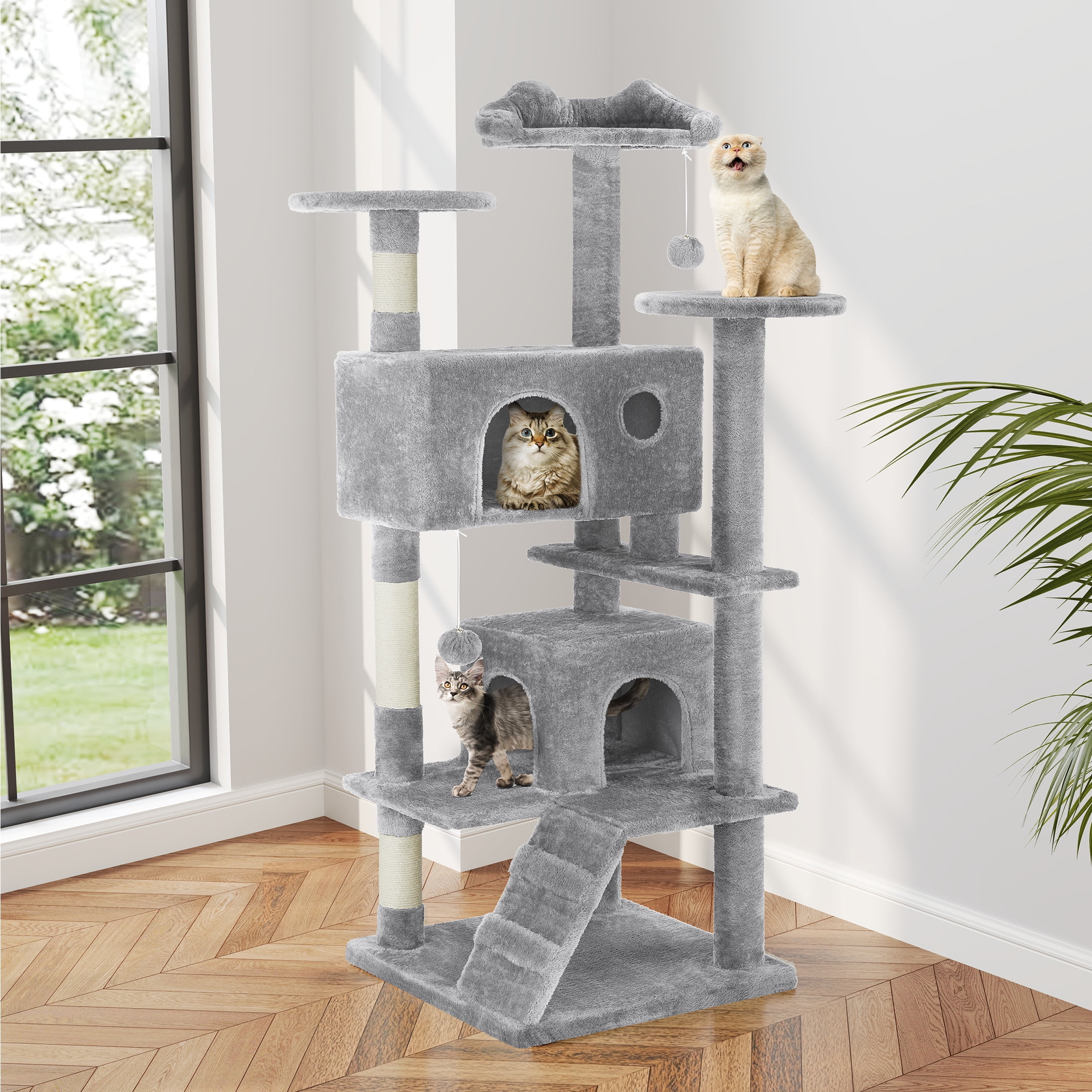 MCQ 54" Compact 4-Tier Cat Tower with Sisal Posts & Wide Top Platform – Space-Saving Tree for Indoor Cats, Cat Condo, Dark Gray
