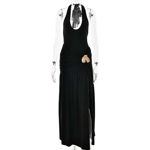 Halter Maxi Dress with Cut-Out and High Slit (S, Black)