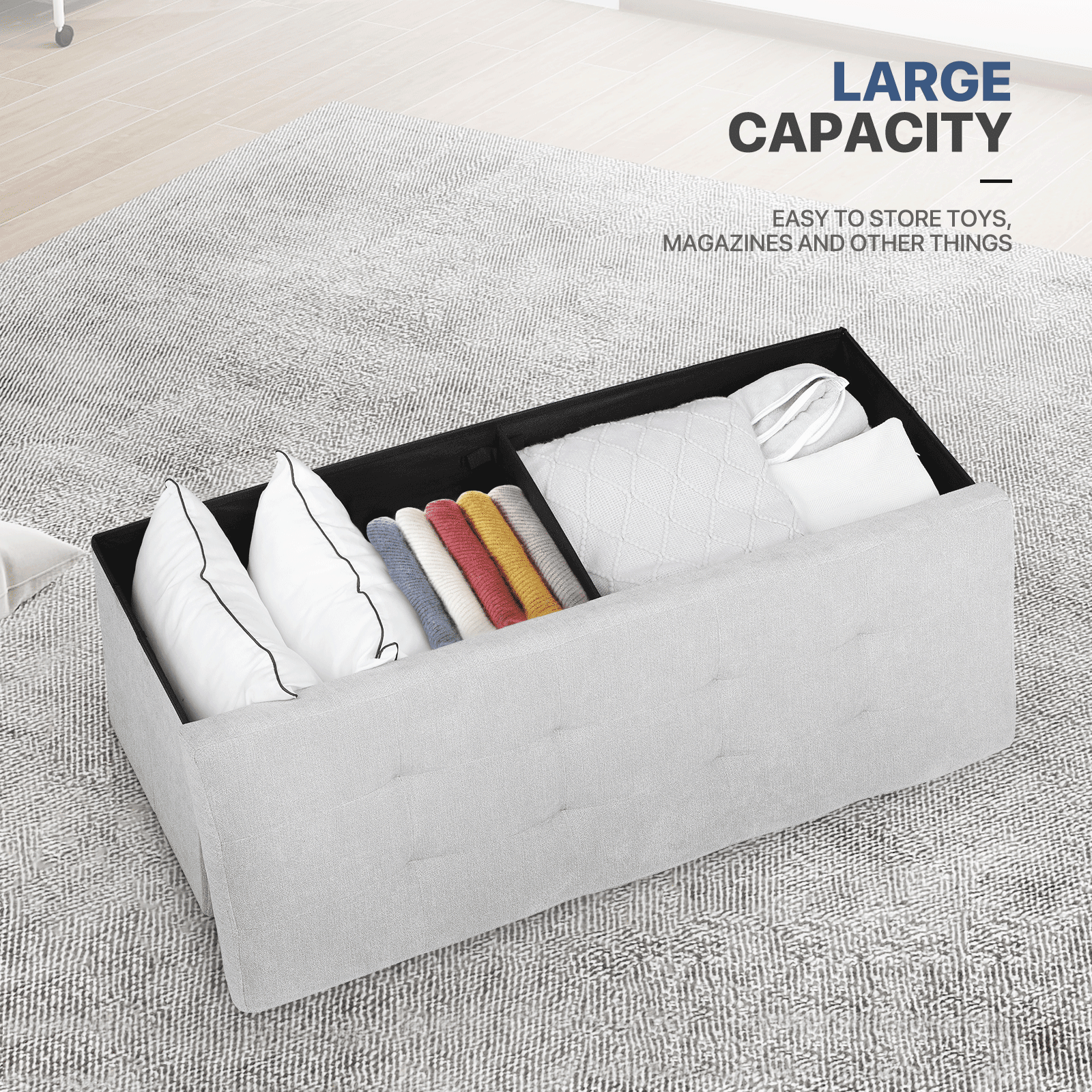 MoNiBloom 43" Collapsible Ottoman with Storage, Cotton-linen Storage Ottoman Bench, Modern Storage Footstool for Living Room Bedroom Entryway, Light Gray