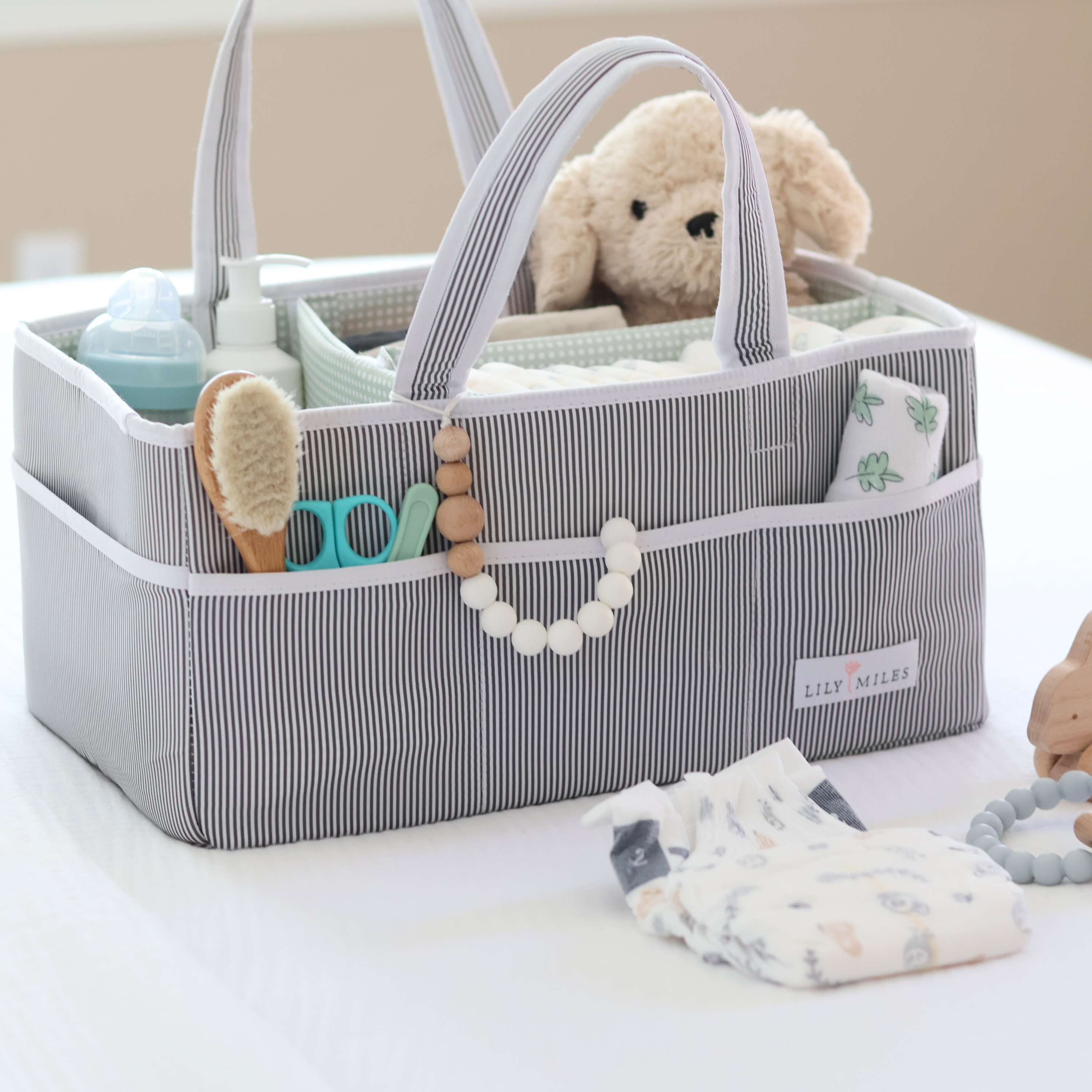 Lily Miles Baby Diaper Caddy Organizer, Large, Gray/Mint photo 3