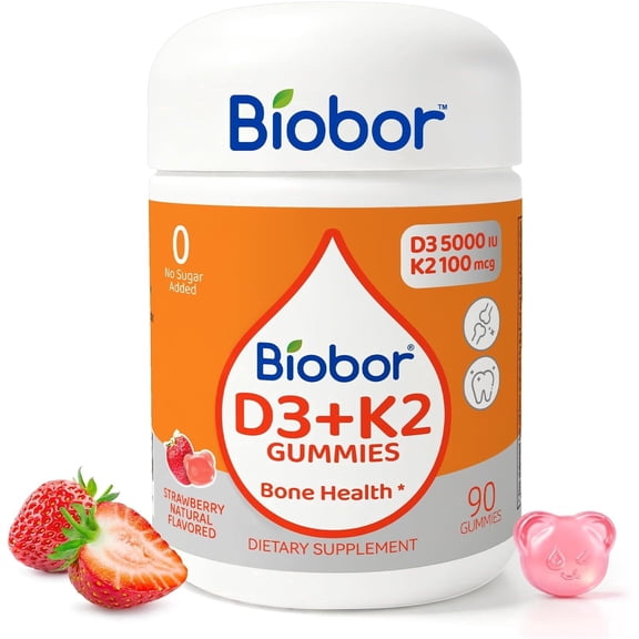 Biobor Natural Vitamin D3 K2 Gummies 5000 IU, Bone Health Supplement, Supports Calcium Absorption, Muscle & Immune Health, No Added Sugar, Strawberry Flavor