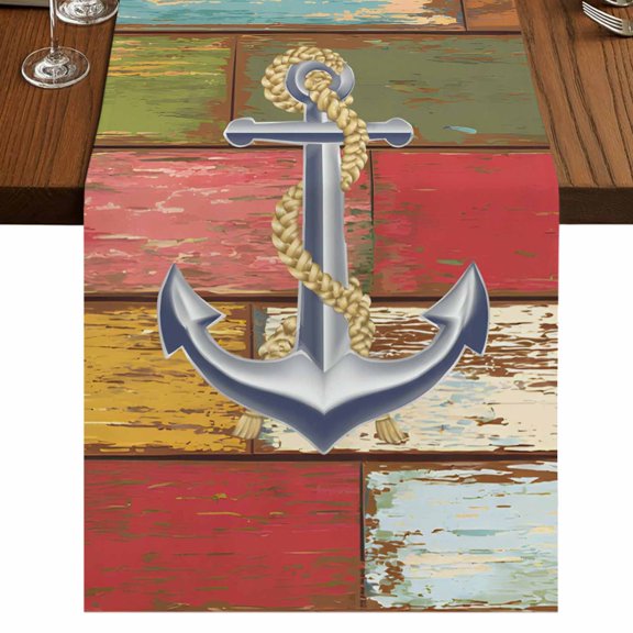 Table Runners 72 Inches Long Dress Scarves, Nautical Anchor Farmhouse Kitchen Table Runner, Coffee Tablerunners, Country Vintage Colorful Wooden Plank 14x72 Inch