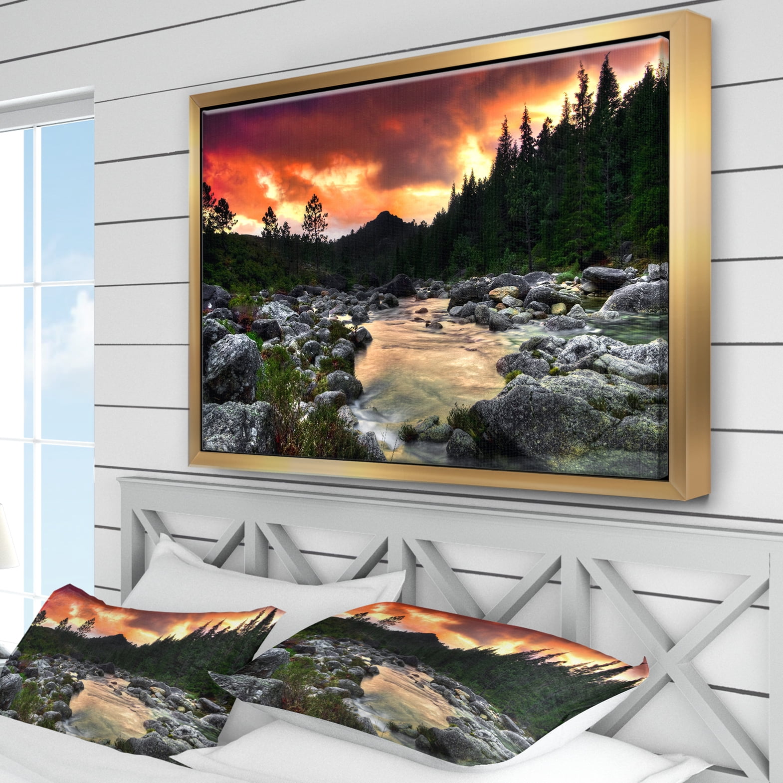 Designart ' Rocky Mountain River at Sunset ' Landscape Framed Canvas Art