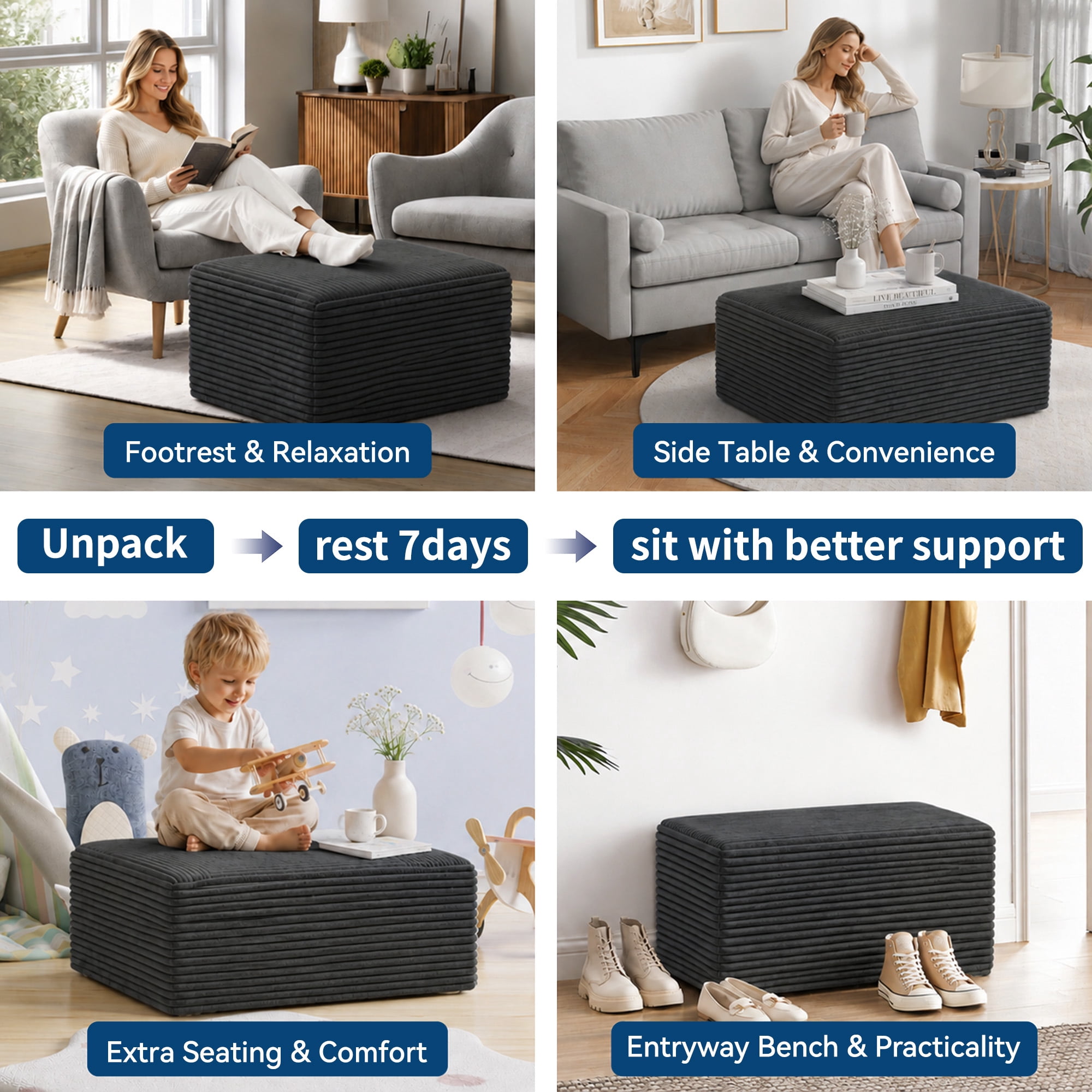 IDEALSOUL Corduroy Ottoman, Rectangle Ottoman Foot Rest for Couch, Oversized Modular Sectional Sofa Stool, Extra Seating & Coffee Table for Sofa, Cloud Foot Rest Foam Support, No Assembly Required