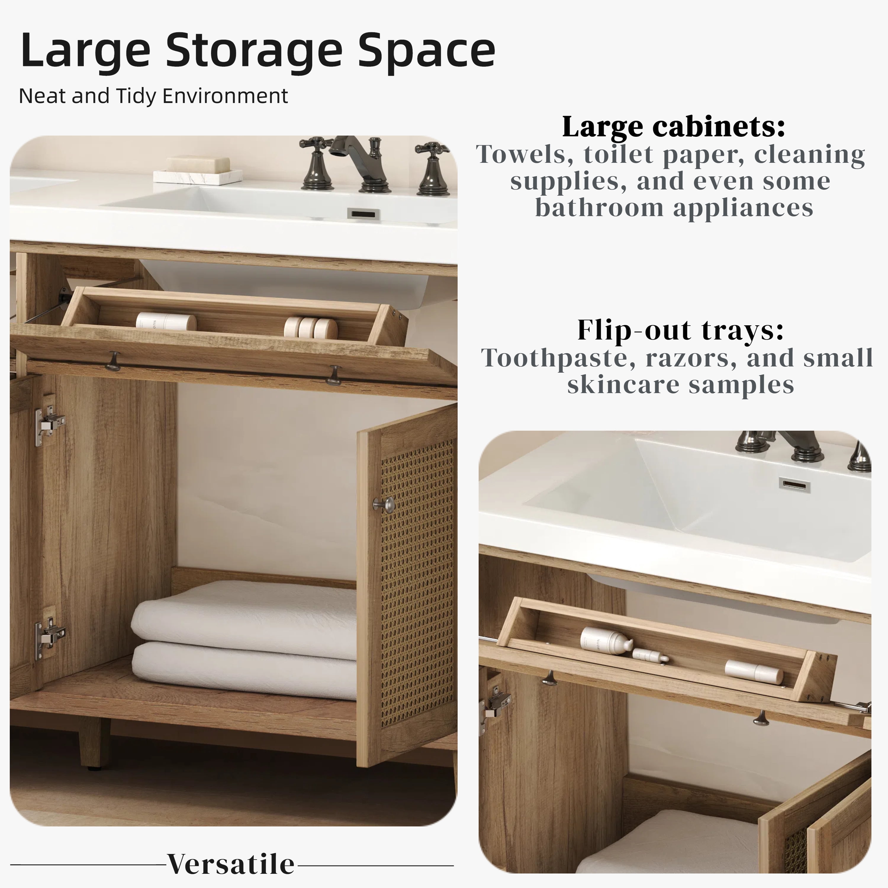 Euroco 60 Inch Bathroom Vanity with Double Sink ( SMC Sink ), Large Storage Space with 2 Tip-Out Trays / Flip-Out Drawers and 4 Soft Closing Doors,Wood Color