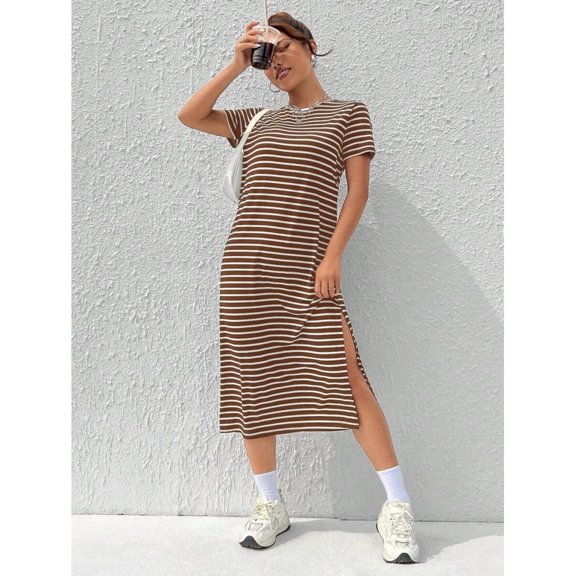 Coffee Brown Striped Knit Short Sleeve Midi Dress With Side Slit Casual Summer Style