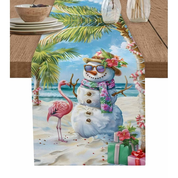 Coastal Snowman Christmas Table Runner Xmas Tree Flamingo Beach Tablerunners 13 x 120 Inch, Table Decorations Tabletop Scarf for Summer Gathering Holiday Farmhouse Kitchen Dining Decor