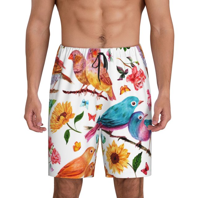 Balery Flowers Birds And Butterflies Pantalones cortos de pijama de punto de algodón para hombre con cinturilla y bolsillos-X-Large