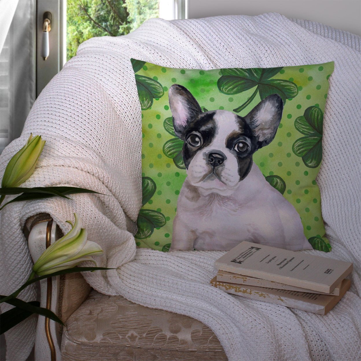 French Bulldog Black White St Patrick's Fabric Decorative Pillow