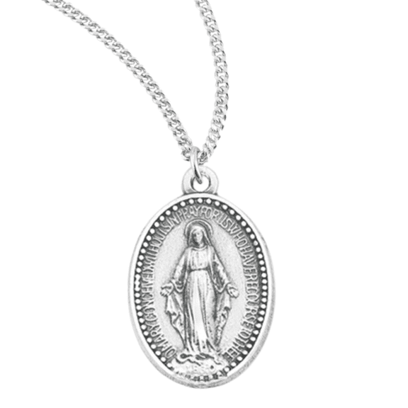 Sterling Silver Beaded Edge Miraculous Medal – Virgin Mary Pendant Necklace on 18" Rhodium Plated Stainless Steel Chain – Made in USA – Catholic Devotional – Velvet Gift Box Included