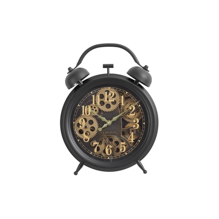 12 Vintage Black Alarm Clock with Moving Gold Gears, Retro London Steampunk Desk Clock, Silent Non-Ticking Double Bell Table Clock for Bedroom, Office, Home Decor