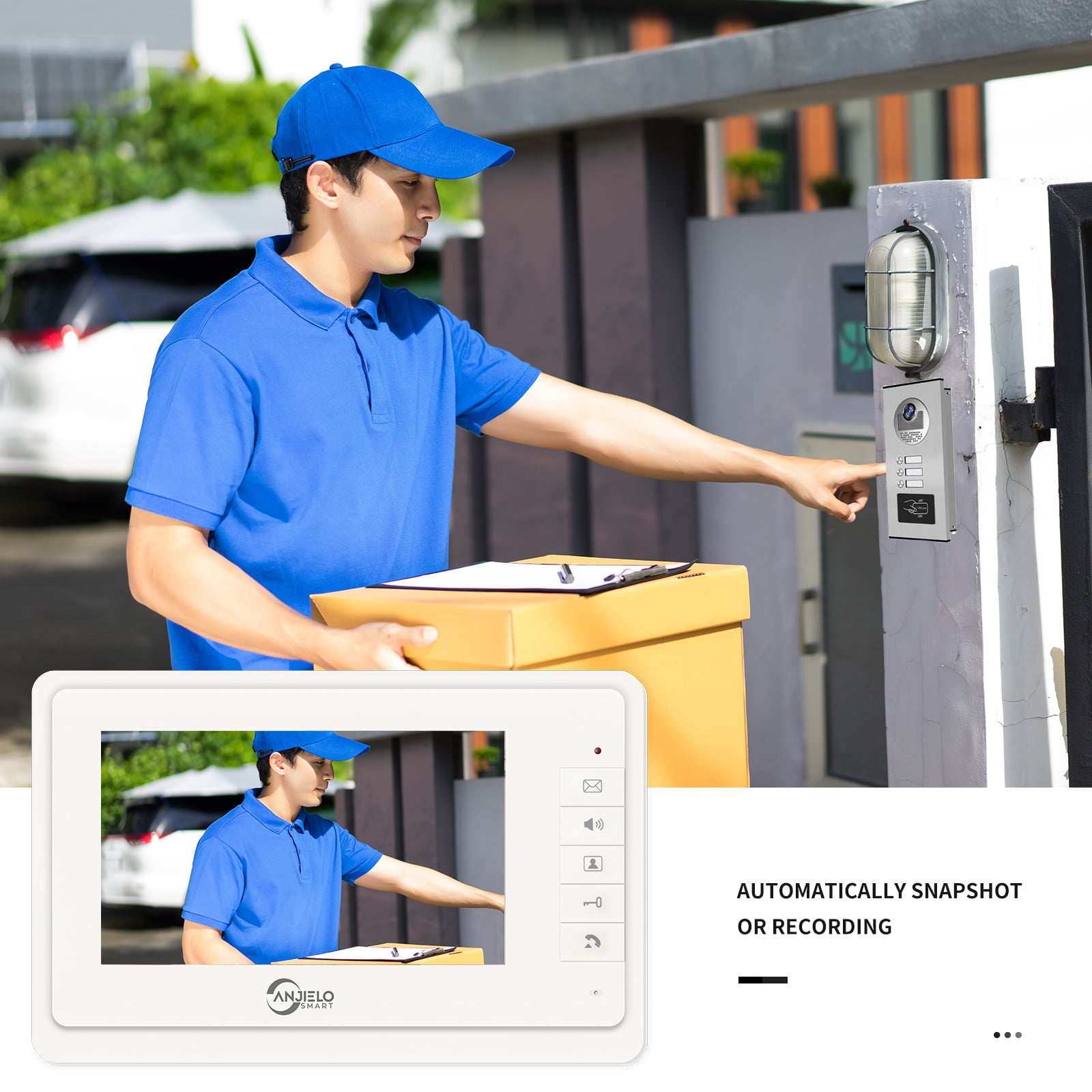 3-Unit Wired Video Apartment Intercom System with 7-Inch Monitors, Indoor/Outdoor Video Doorbell, ID Card Unlock, and Two-Way Audio