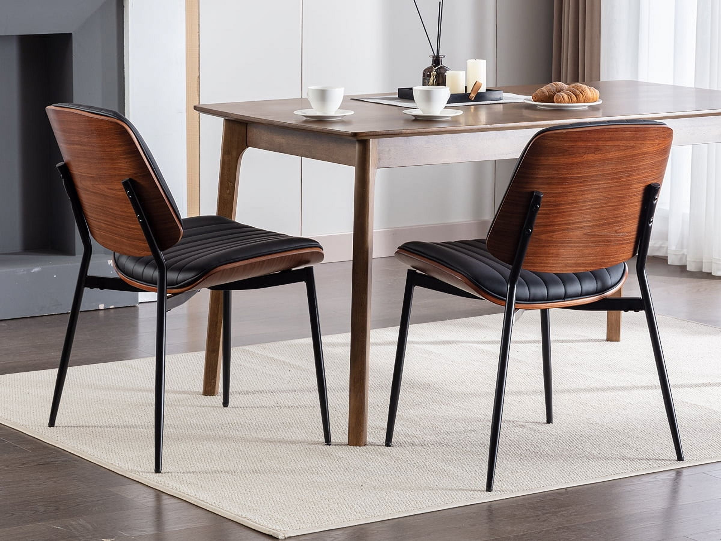 Mid Century Modern Dining Chairs Set of 6, Black Kitchen & Dining Room Chairs Set of 6, Upholstered PU Leather Kitchen Chairs for Dining Table, Sillas de Comedor, Metal Leg, Walnut Back(Black, 6 Pcs)