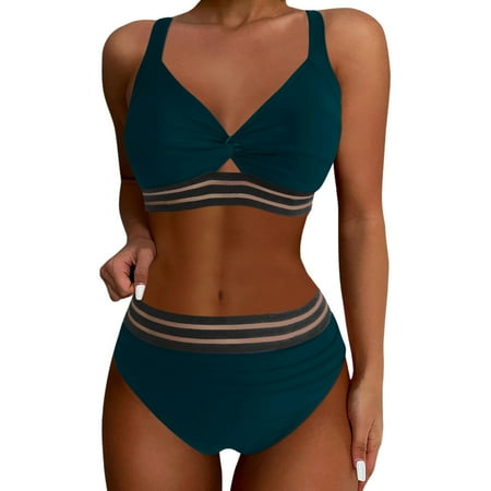 Womens Bikinis Summer Solid Color Spaghetti Strap Bra And Panty Set High Waist Two Piece Tankini Swimsuits For Women Activewear Green XXL