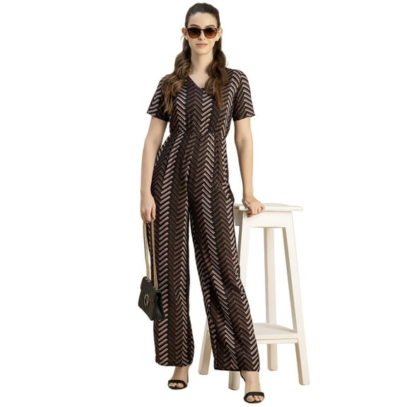 Moomaya Short Sleeve Full Leg Printed Rayon Jumpsuit - Women's Trendy Jumpsuit