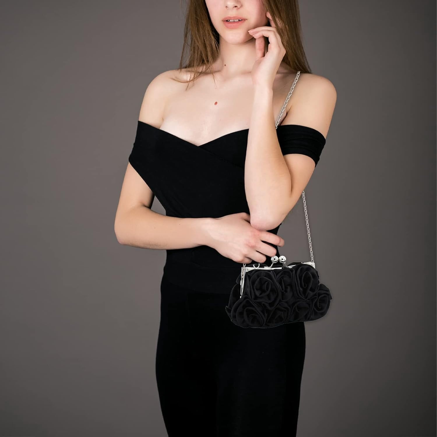 Women Evening Clutch Bag Floral Satin Small Purses with Detachable Strap for Wedding, Party, Prom