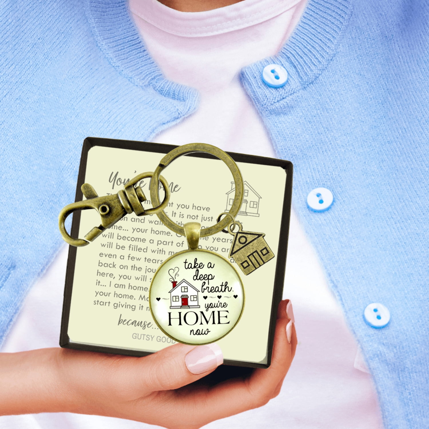 New Home Gutsy Goodness Bronze Keychain Take Deep Breath First House Apartment Gift Idea From Realtor