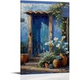 thumbnail image 1 of Lienzo canvas decorativo casa adobe mexicana color naranja con puertas azules, cactus y buganvilias, arte paisaje sudwest para sala y comedor., 1 of 7