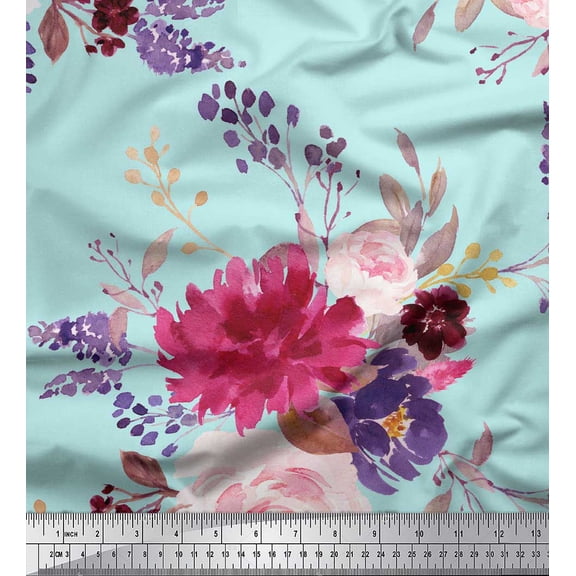 Soimoi Green Georgette Viscose Fabric Leaves & Peony Floral Print Fabric by Yard 42 Inch Wide