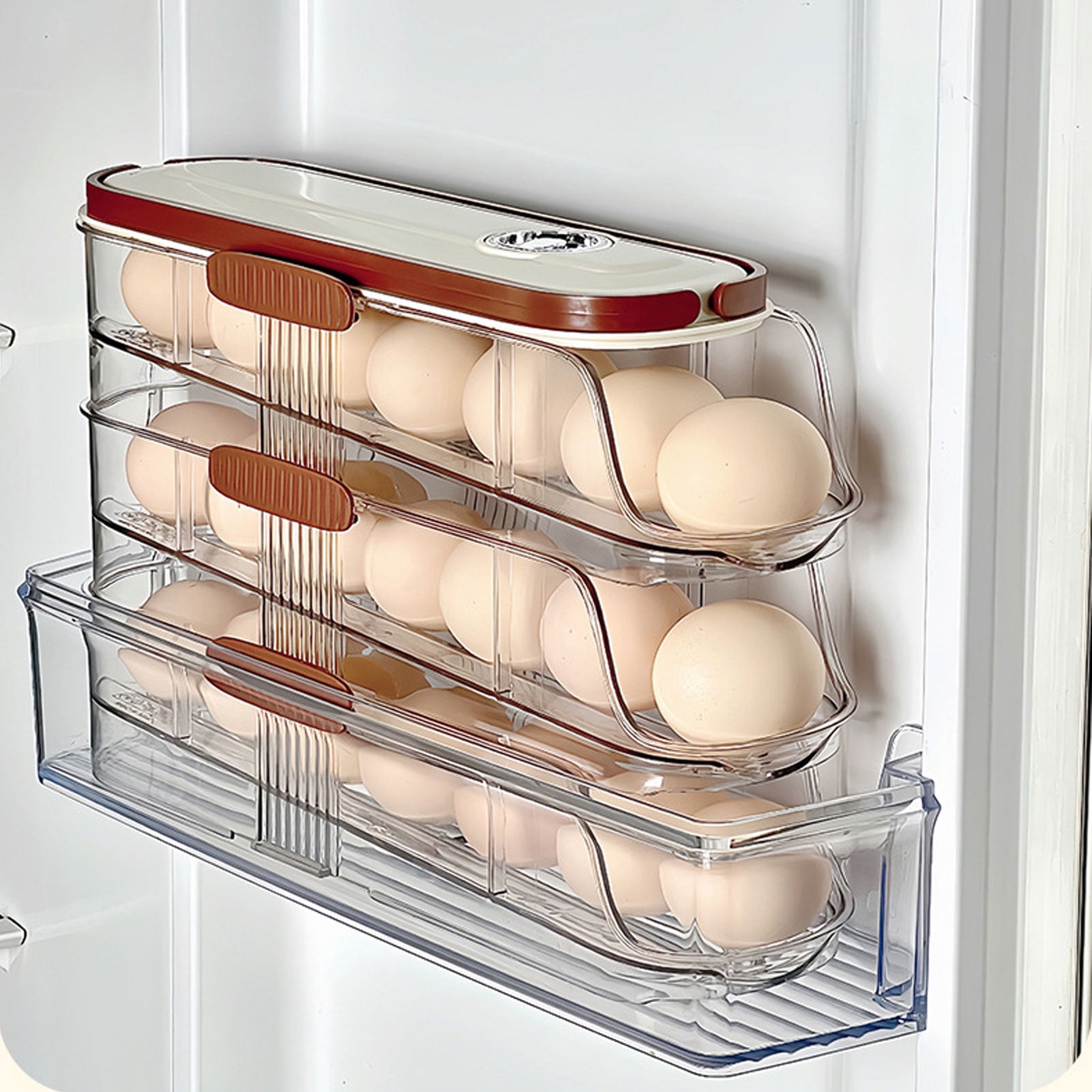 3-Layer Rolling Egg Storage Box, Automatic Dispenser with Lid for Refrigerator