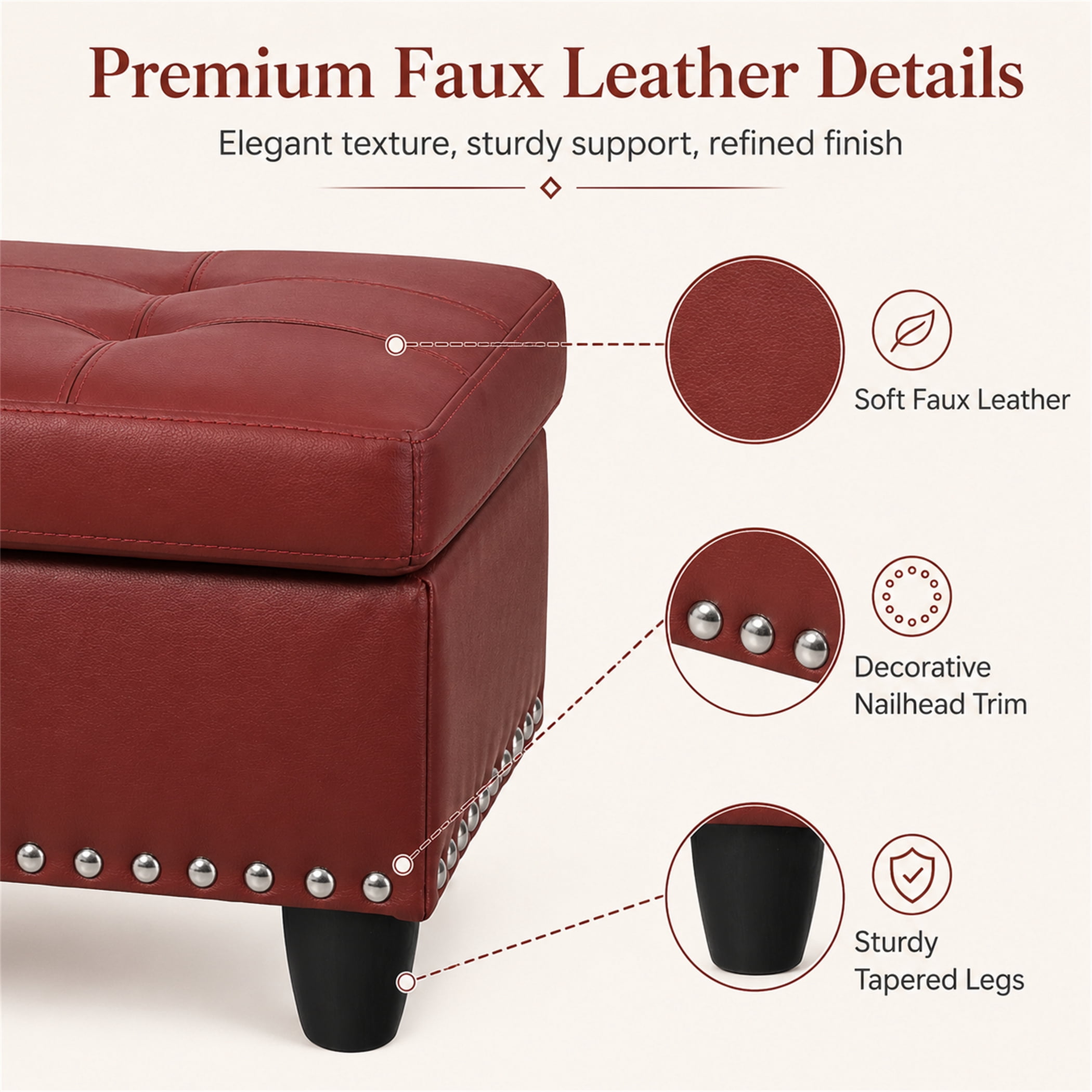 Aukfa 29" Storage Ottoman Bench for Sectional Sofa for Home Office, Nailhead Trim&Lift Top, Leather, Red