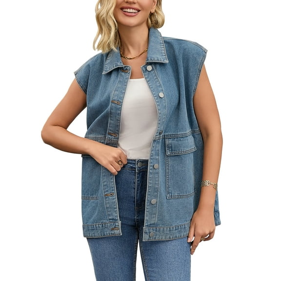INSPIRE CHIC Women's Coat Oversized Denim Vest Collared Button Down Sleeveless Long Jean Jacket S Grey Blue