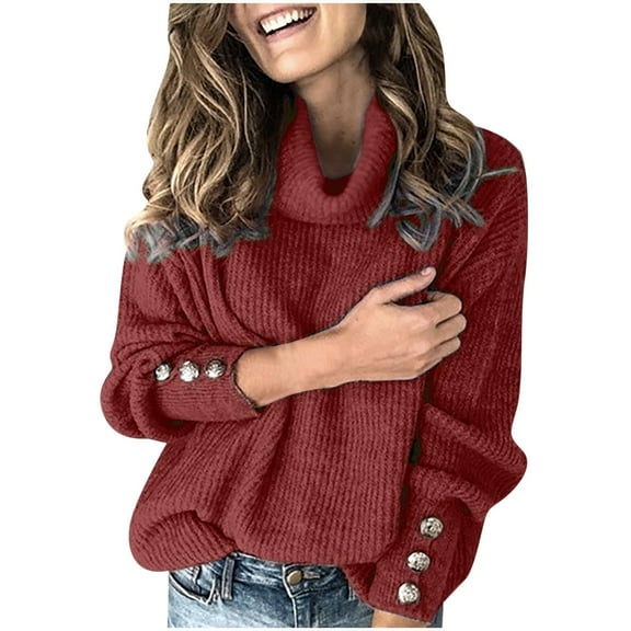 Women's Turtleneck Sweater Long Sleeve Buttons Cable Knit Pullover Sweaters Casual Fall Winter Pullover Jumpers Tops