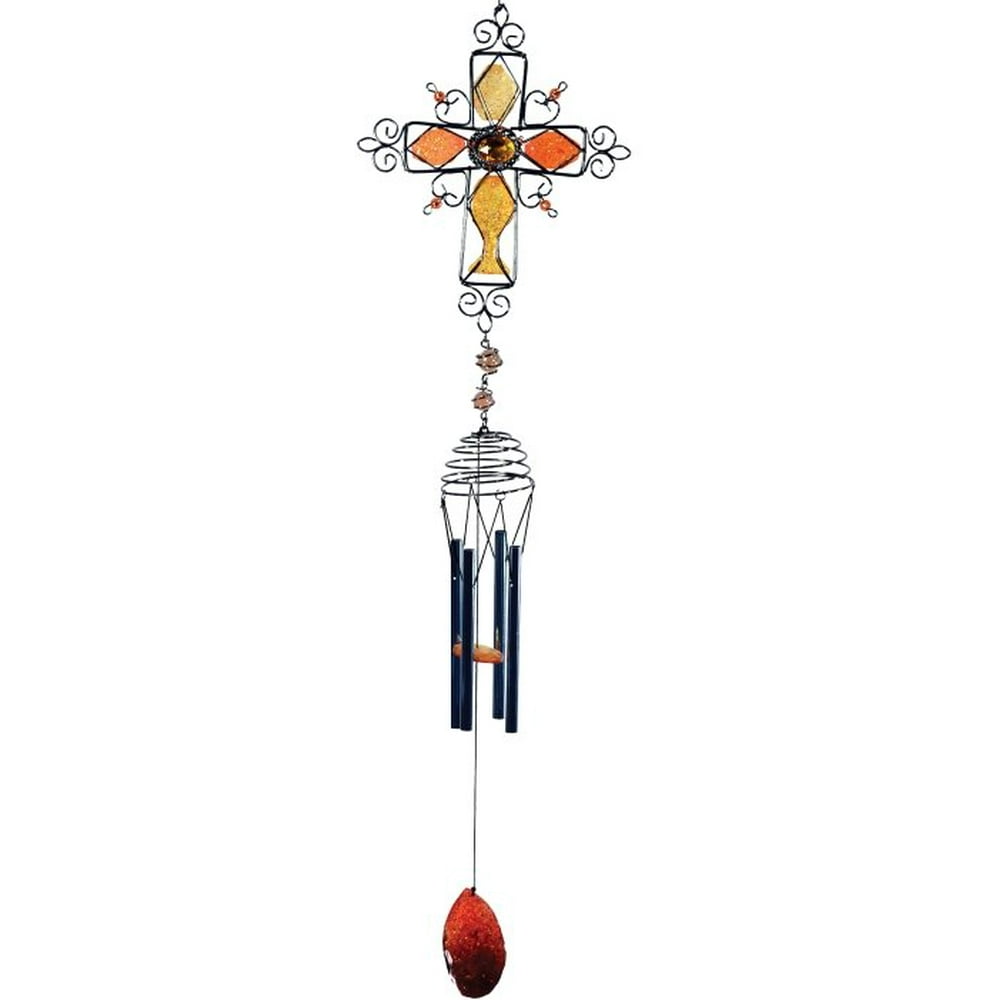 32 Inch Orange Religious Cross Design Poly Resin Insert Wind Chime
