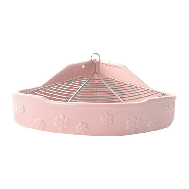 Caja de arena para conejos, bandeja de arena esquinera, inodoro de cerámica desmontable para mascotas, orinal Rosa