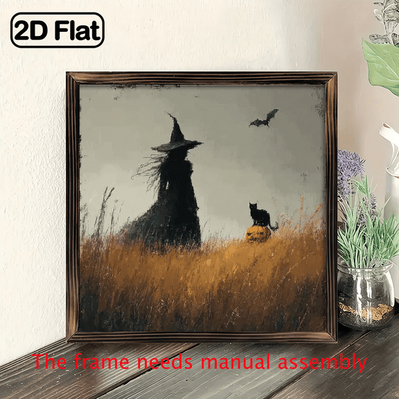 2D Flat, 1pc Spooky Black Jack-O'-Lantern Witch Wall Art with Wooden Frame - 8x8 Inch Halloween Decor, 2D Flat Print, No Electricity Needed