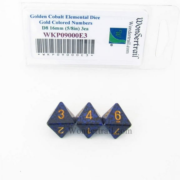 Golden Cobalt Elemental Dice with Gold Numbers D8 16mm (5/8in) Pack of 3 Wondertrail