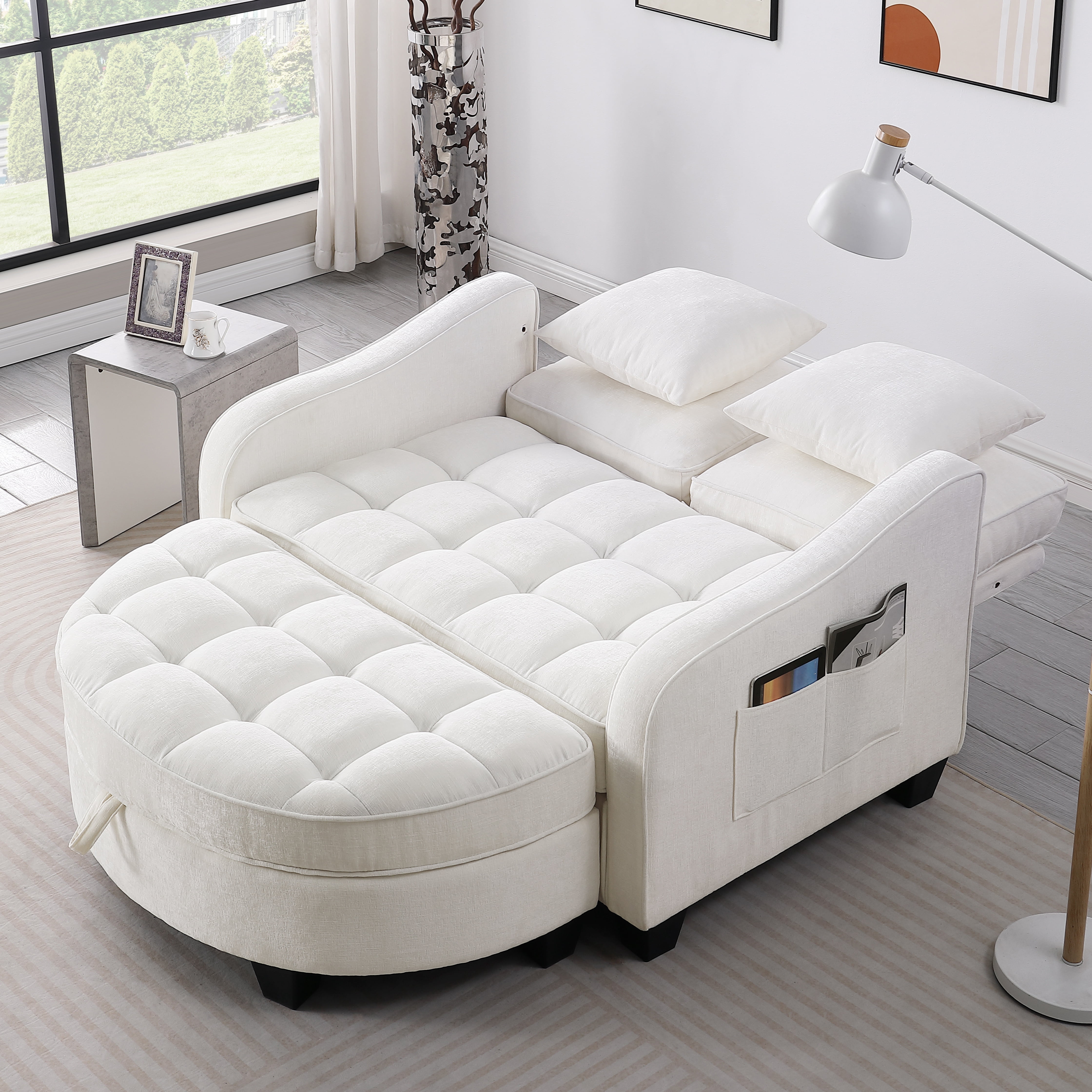 ShiKeyi 2 Seater Sofa with Double Chaise Lounge and Storage Ottoman, Adjustable Backrest Chenille Couch with Side Pockets and 2 Pillows, Beige