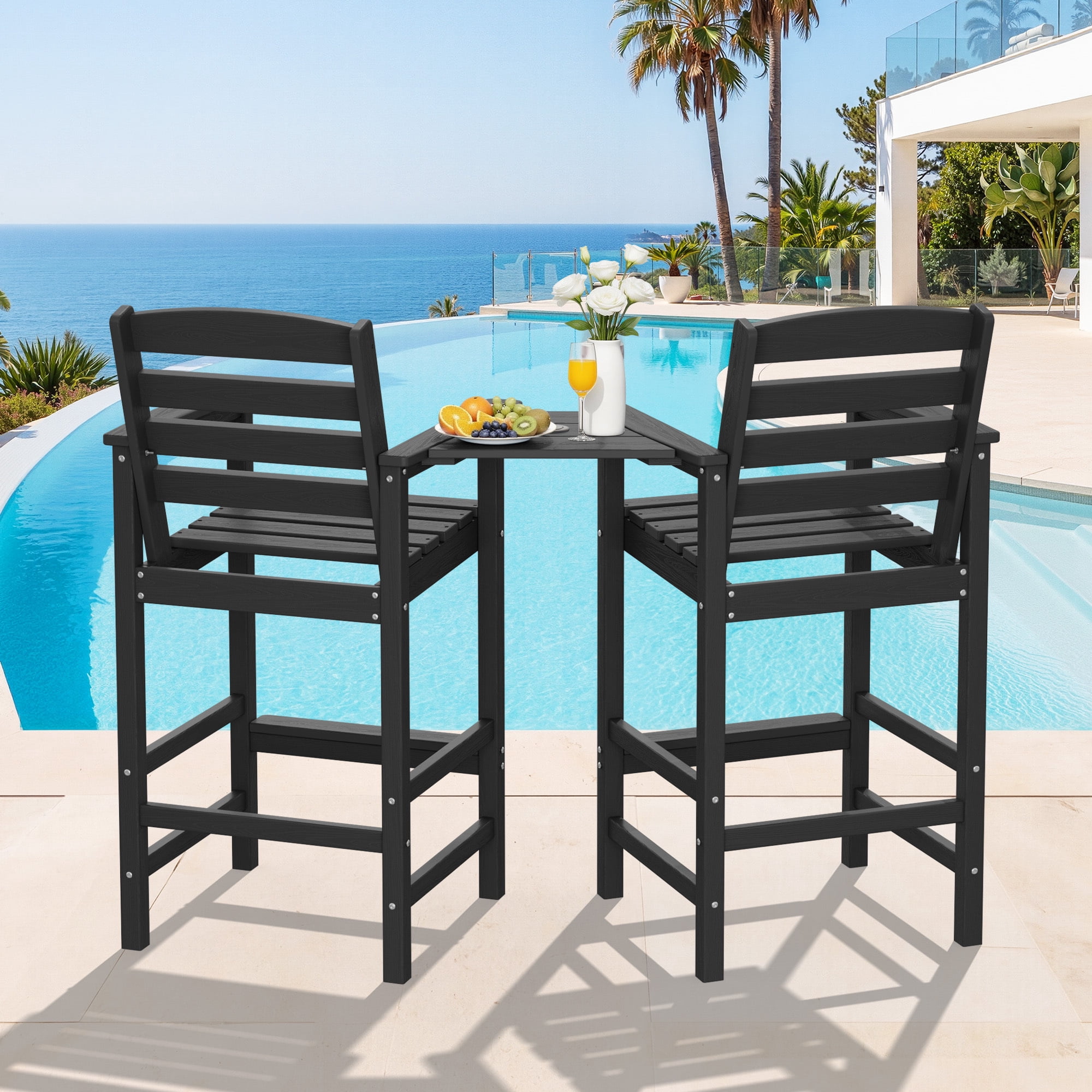 RIAFUN HDPE Height Bar Stools Set of 2 with Removable Connecting Table, Weather Resistant Outdoor Tall Adirondack Chairs with Umbrella Hole for Patio, Poolside, Garden, Black