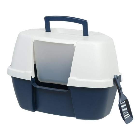 IRIS USA Large Hooded Corner Cat Litter Box with Scoop, Blue