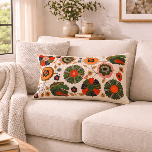 Decorative Lumbar Pillow for Living Room Couch Sofa | Embroidered Floral Design Rectangle Pillow with Insert 24x14" | Multicolor