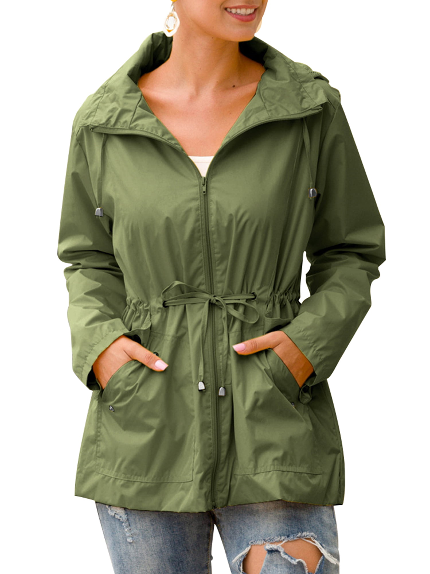 Windbreakers,Womens Waterproof Raincoat Rose Hooded Zip up Windbreaker Pockets Jacket Sport Coat Windproof Outwear