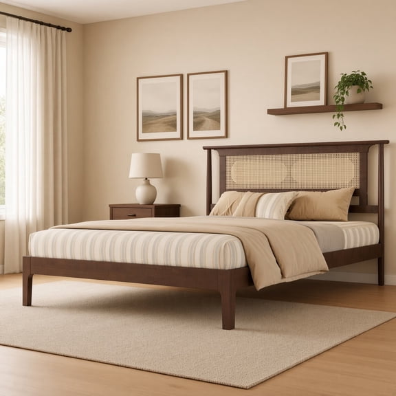 Queen Size Pine Wood Bed with Rattan Headboard, Solid Wood Platform Bed with Reinforced Support Legs, No Box Spring Needed for Bedroom, Walnut