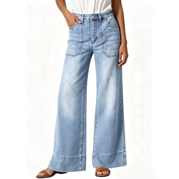 High Waist Women Wide Leg Long Jeans Casual Denim Pants with Pocket