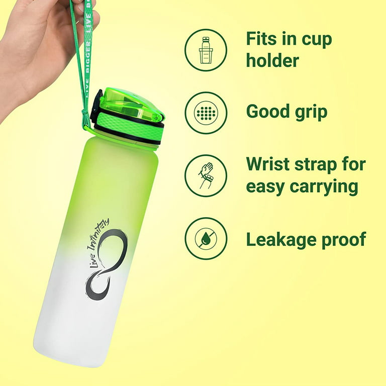 Live Infinitely Gym Water Bottle with Time Marker Fruit Infuser and Shaker 34 oz Sea Glass