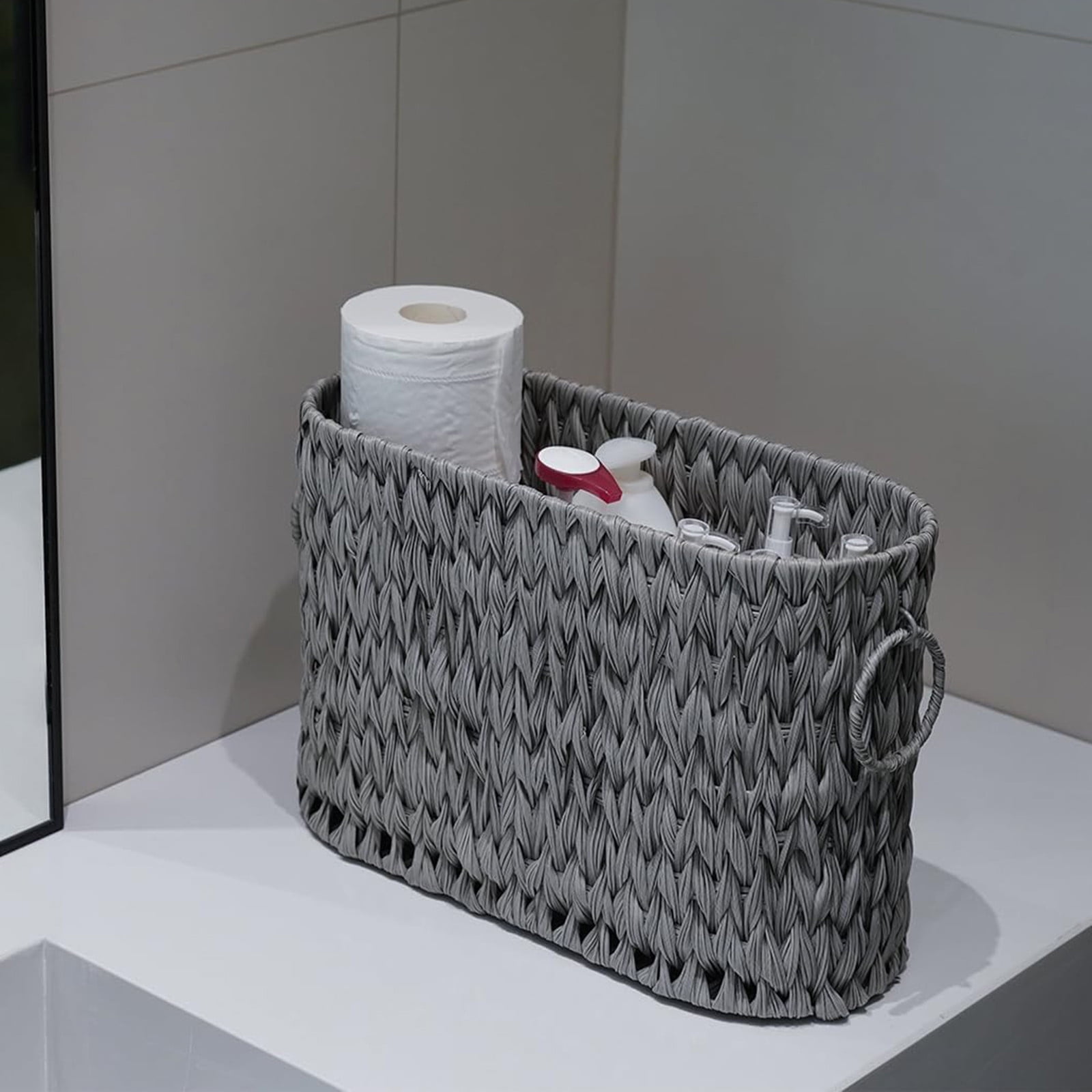 Large Waterproof Wicker Toilet Tank Basket Storage Organizer with Handles, Woven Bathroom Countertop Organizer Basket 14.17"x5.71"x10.43" for Toilet Paper and Bath Supplies