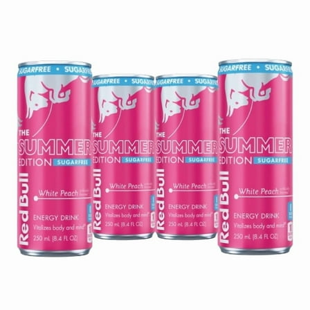 Red Bull Summer Edition Sugarfree Energy Drink, White Peach, 8.4 fl. oz., Pack of 4 Cans