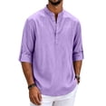 thumbnail image 2 of Satingcolo Linen Henley Shirts for Men V Neck Long Sleeve Band Collar Button Shirts Casual Breathable Vacation Hippie Top,Purple 5XL, 2 of 5