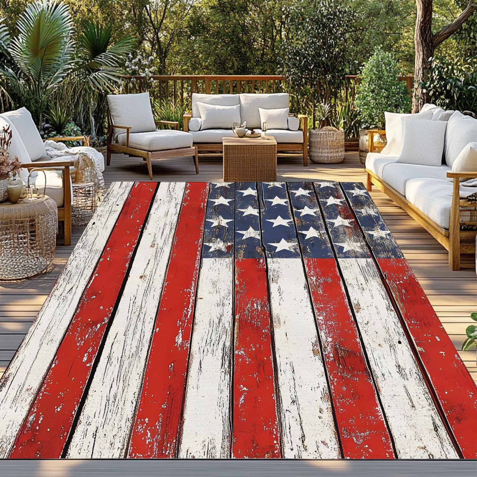 Outdoor Rug 5x7 ft 4th of July Waterproof Outdoor Patio Rug Mat Non Slip Outside Area Rugs Carpet for RV,Camping,Porch,Deck,Pool,Balconybackyard,Patriotic Wood American Flag Red White and Blue
