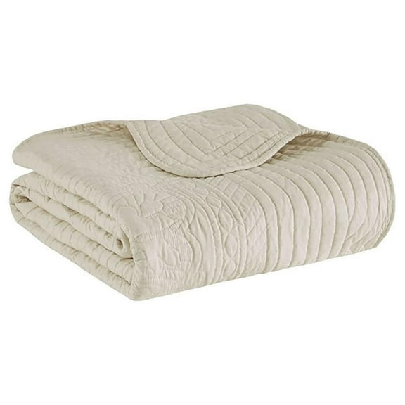 Pemberly Row Fabric Oversized Quilted Throw with Scalloped Edges in Cream